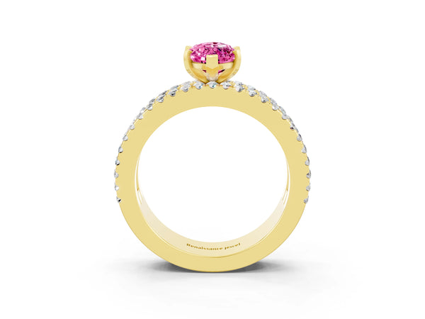 Yellow gold Marquise Cut Pink Sapphire Solitaire Ring with Pavé and Channel Set Band