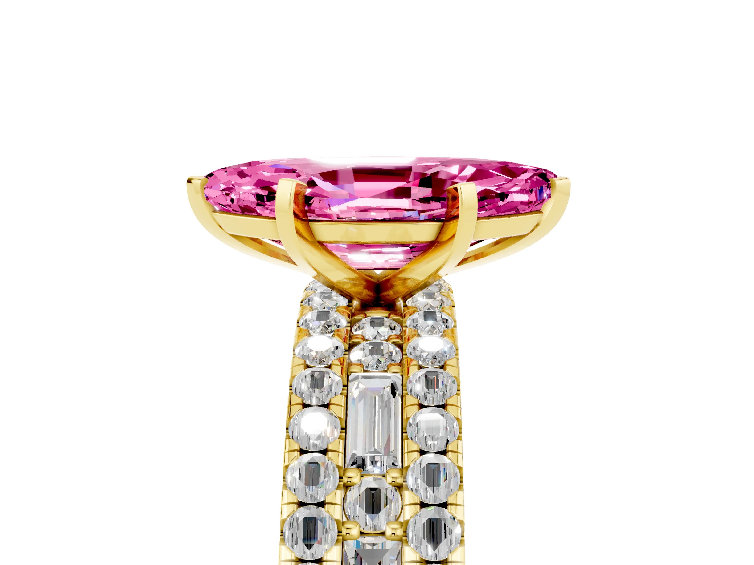 Yellow gold Marquise Cut Pink Sapphire Solitaire Ring with Pavé and Channel Set Band_29