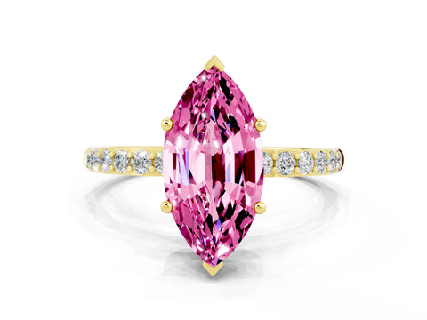 Yellow gold Marquise Cut Pink Sapphire Solitaire Ring with Pave Band and Four Prong Setting_36