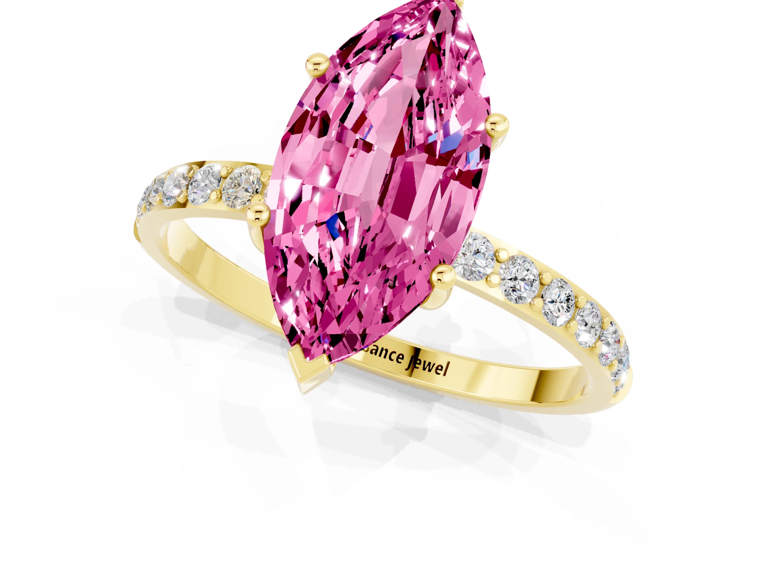 Yellow gold Marquise Cut Pink Sapphire Solitaire Ring with Pave Band and Four Prong Setting_37