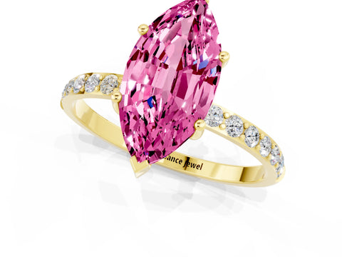 Yellow gold Marquise Cut Pink Sapphire Solitaire Ring with Pave Band and Four Prong Setting_37