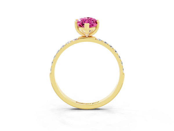 Yellow gold Marquise Cut Pink Sapphire Solitaire Ring with Round  Pavé Band and Prong Setting