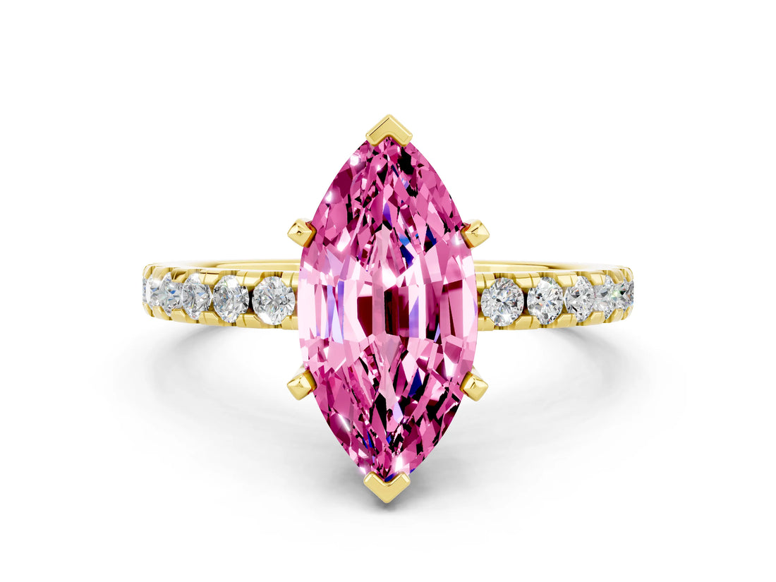 Yellow gold Marquise Cut Pink Sapphire Solitaire Ring with Round  Pavé Band and Four-Prong Setting_36