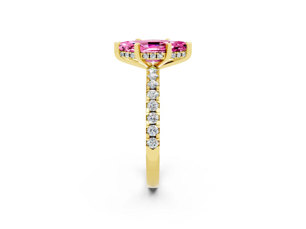 Yellow Gold Marquise Lab-Grown Pink Sapphire Hidden Halo Engagement Ring with Pave Band