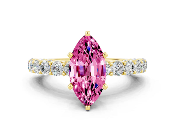 Yellow gold Marquise Cut Pink Sapphire Solitaire Ring with Shared Prong Pavé Band and Four-Prong Setting