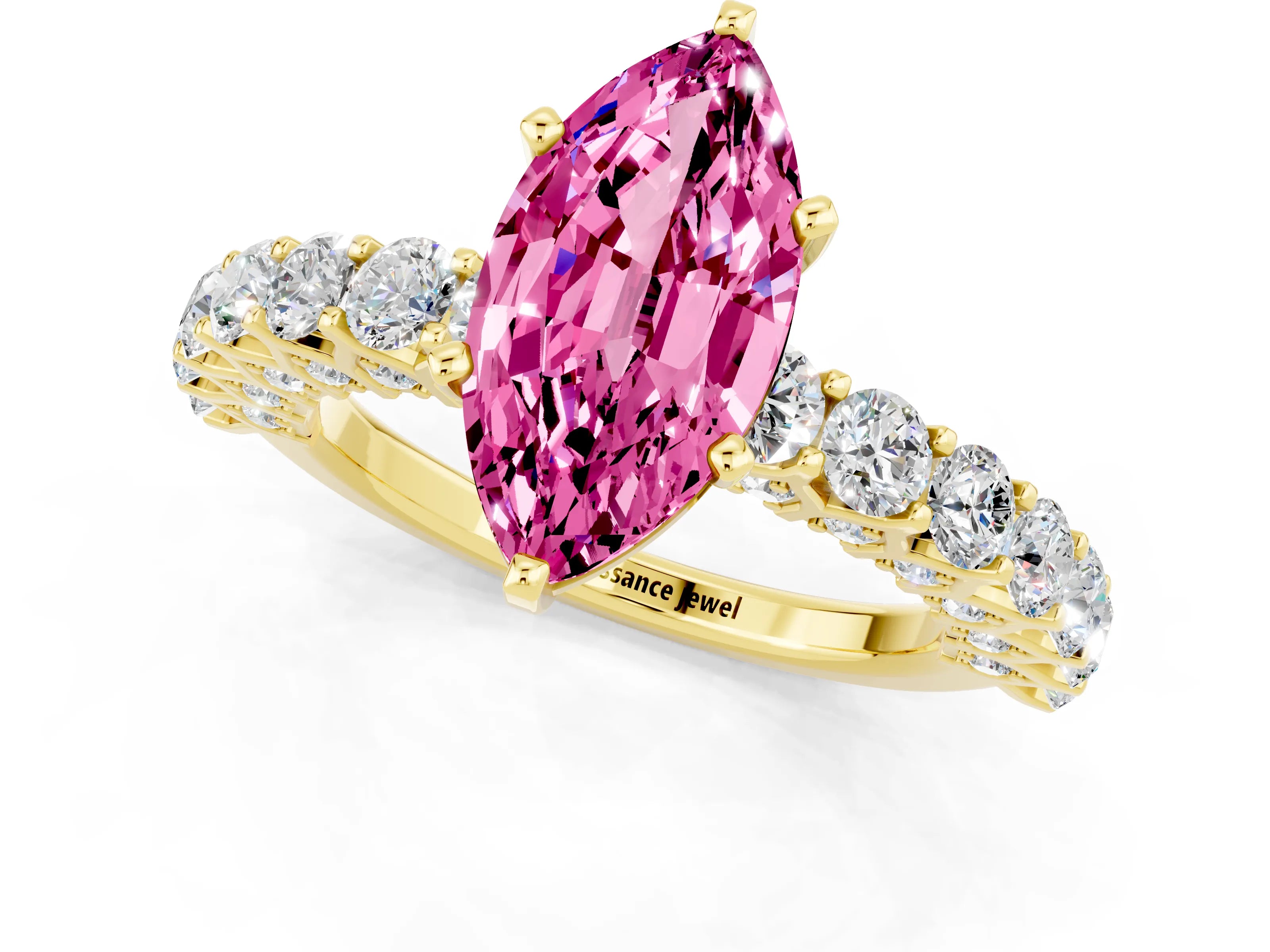 Yellow gold Marquise Cut Pink Sapphire Solitaire Ring with Shared Prong Pavé Band and Four-Prong Setting_1