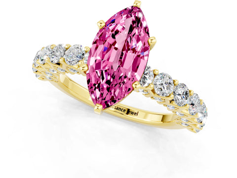 Yellow gold Marquise Cut Pink Sapphire Solitaire Ring with Shared Prong Pavé Band and Four-Prong Setting_1