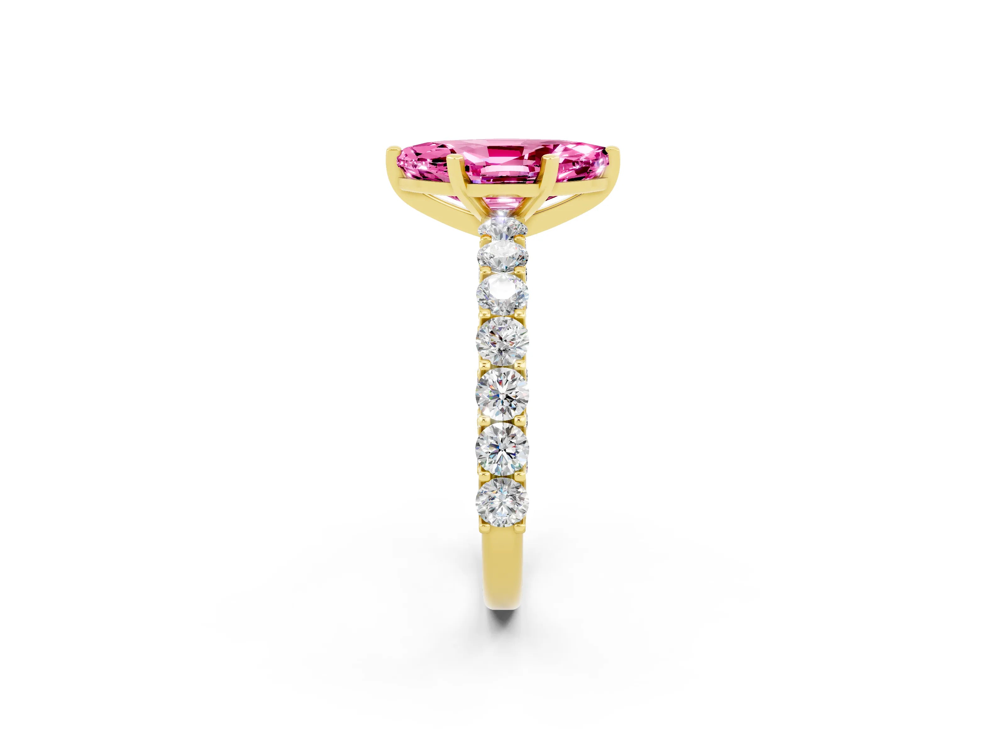 Yellow gold Marquise Cut Pink Sapphire Solitaire Ring with Shared Prong Pavé Band and Four-Prong Setting_2