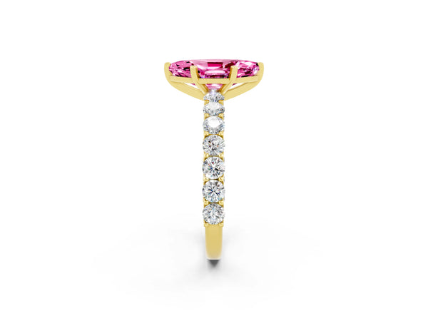 Yellow gold Marquise Cut Pink Sapphire Solitaire Ring with Shared Prong Pavé Band and Four-Prong Setting