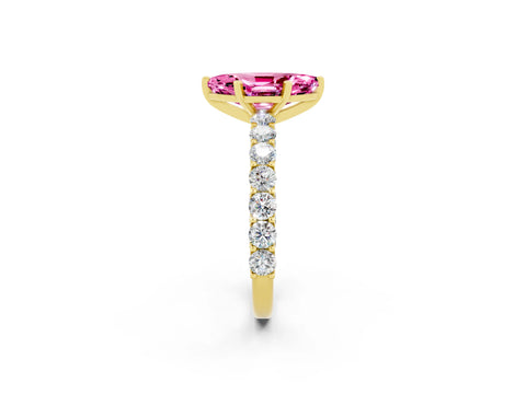 Yellow gold Marquise Cut Pink Sapphire Solitaire Ring with Shared Prong Pavé Band and Four-Prong Setting_2