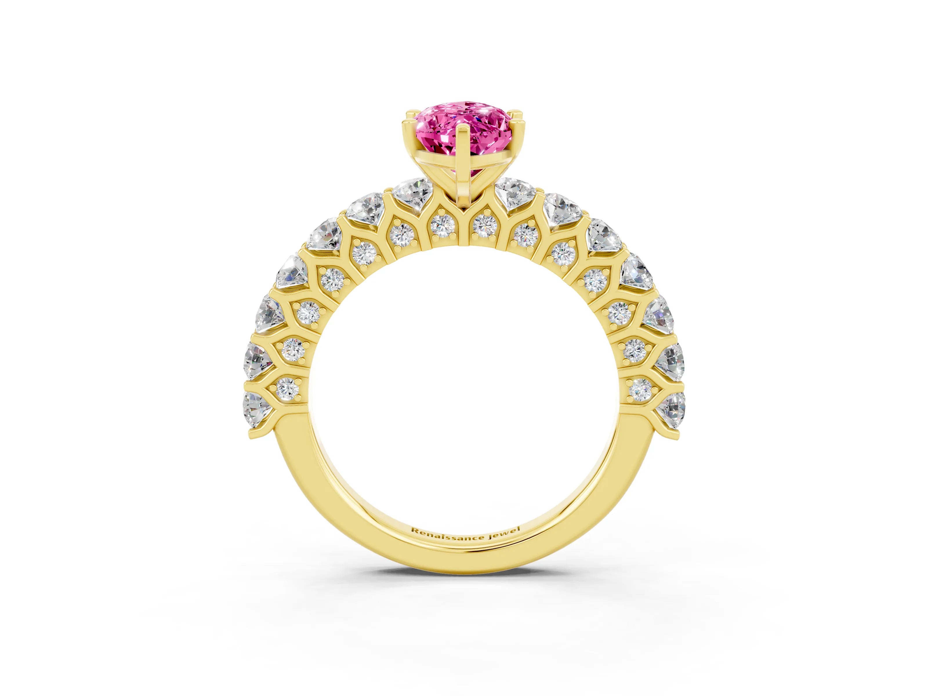 Yellow gold Marquise Cut Pink Sapphire Solitaire Ring with Shared Prong Pavé Band and Four-Prong Setting_3