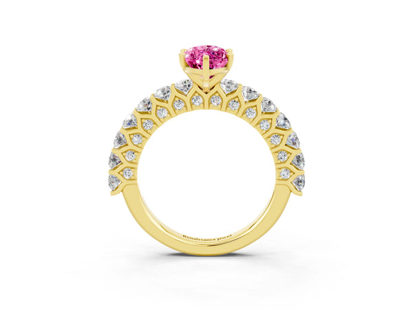 Yellow gold Marquise Cut Pink Sapphire Solitaire Ring with Shared Prong Pavé Band and Four-Prong Setting