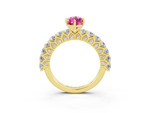Yellow gold Marquise Cut Pink Sapphire Solitaire Ring with Shared Prong Pavé Band and Four-Prong Setting_3