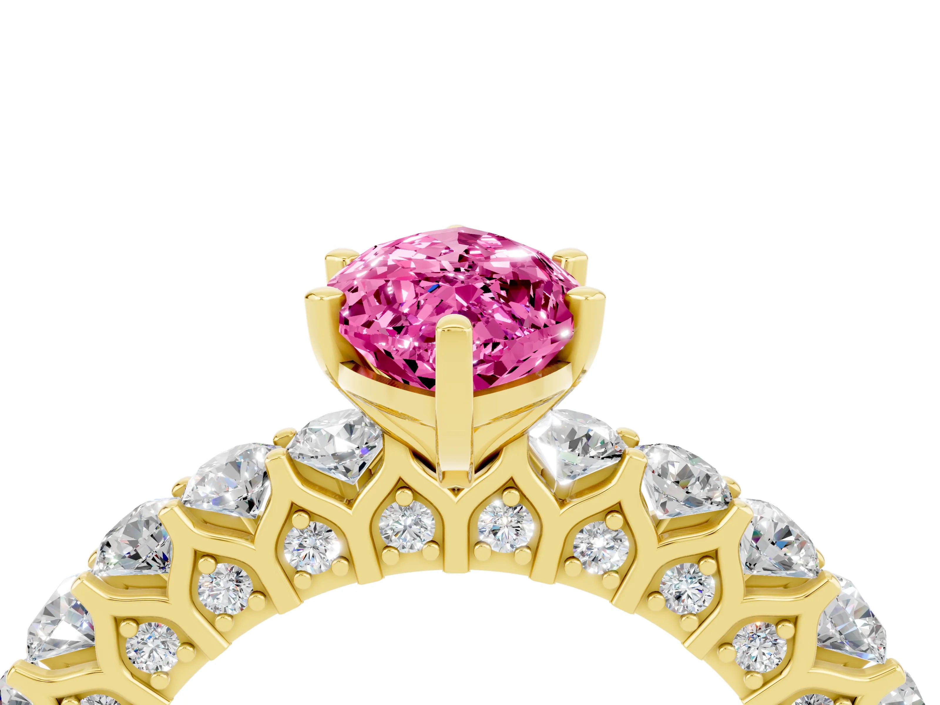 Yellow gold Marquise Cut Pink Sapphire Solitaire Ring with Shared Prong Pavé Band and Four-Prong Setting_4
