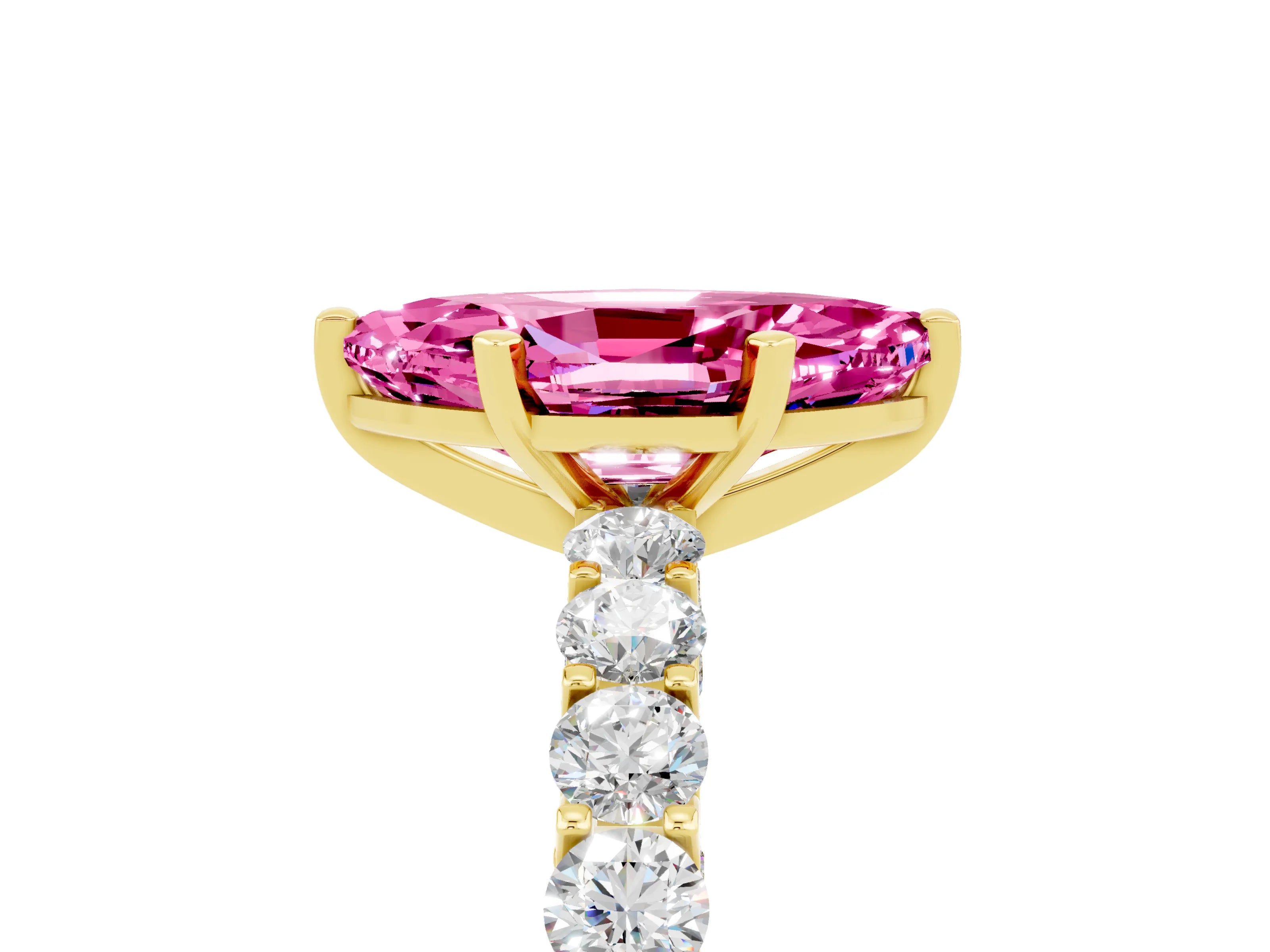 Yellow gold Marquise Cut Pink Sapphire Solitaire Ring with Shared Prong Pavé Band and Four-Prong Setting_5