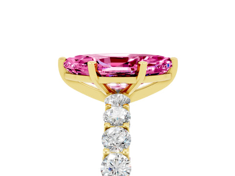 Yellow gold Marquise Cut Pink Sapphire Solitaire Ring with Shared Prong Pavé Band and Four-Prong Setting_5