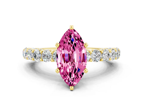 Yellow gold Marquise Cut Pink Sapphire Solitaire Ring with Shared Prong Pavé Band and Four-Prong Setting