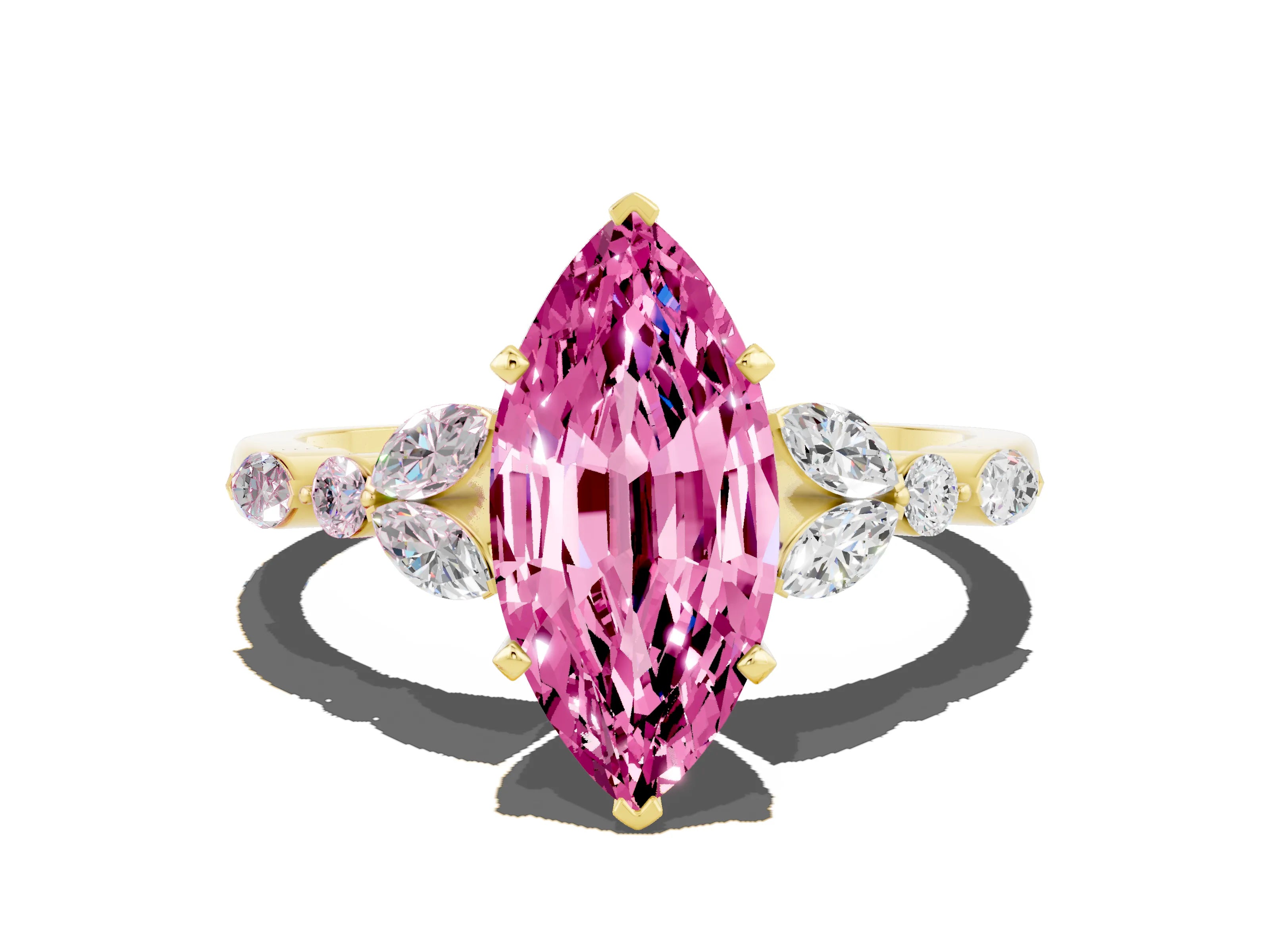 Yellow gold Marquise Cut Pink Sapphire Solitaire Ring with Side Stones and Four-Prong Setting_12