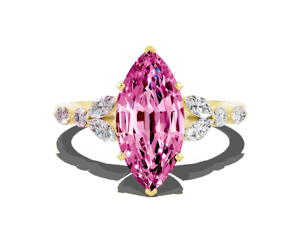 Yellow gold Marquise Cut Pink Sapphire Solitaire Ring with Side Stones and Four-Prong Setting