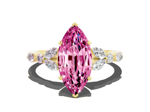 Yellow gold Marquise Cut Pink Sapphire Solitaire Ring with Side Stones and Four-Prong Setting_12