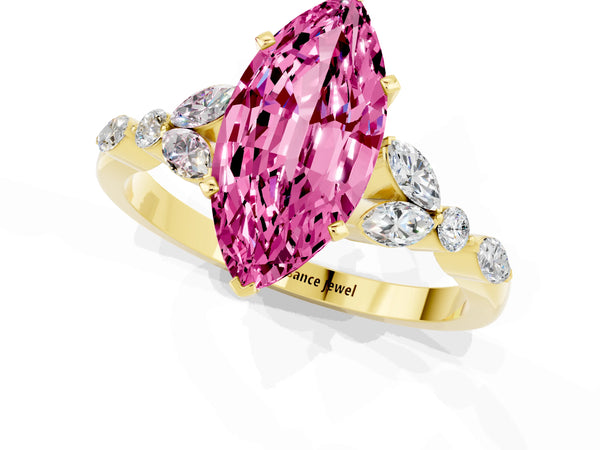 Yellow gold Marquise Cut Pink Sapphire Solitaire Ring with Side Stones and Four-Prong Setting