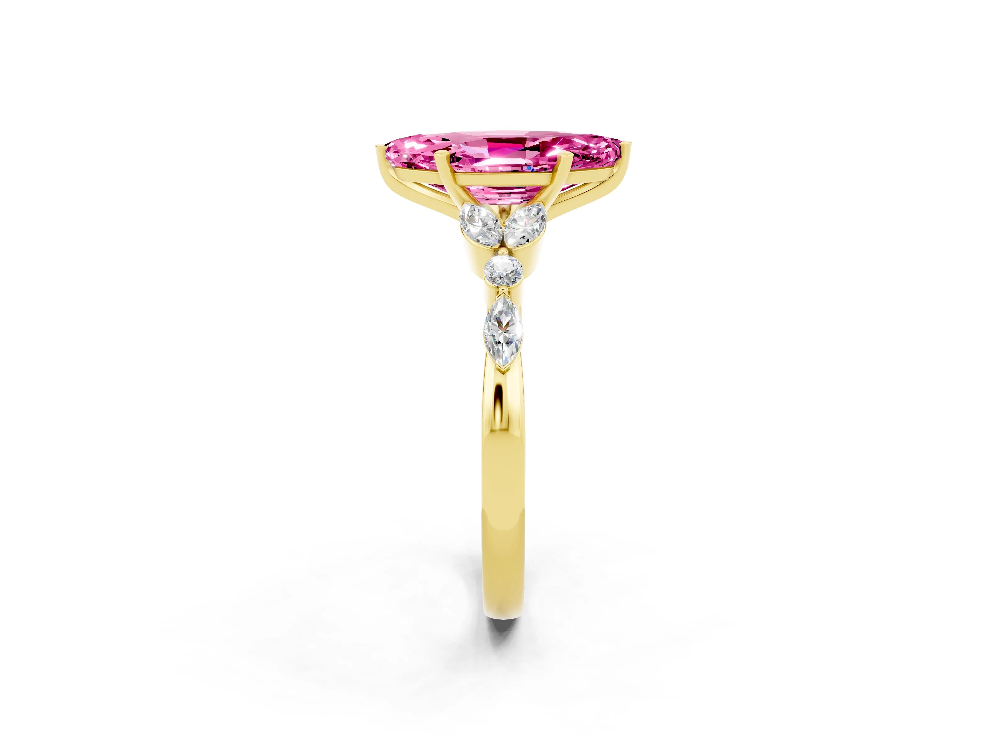 Yellow gold Marquise Cut Pink Sapphire Solitaire Ring with Side Stones and Four-Prong Setting_14