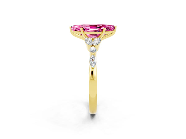 Yellow gold Marquise Cut Pink Sapphire Solitaire Ring with Side Stones and Four-Prong Setting