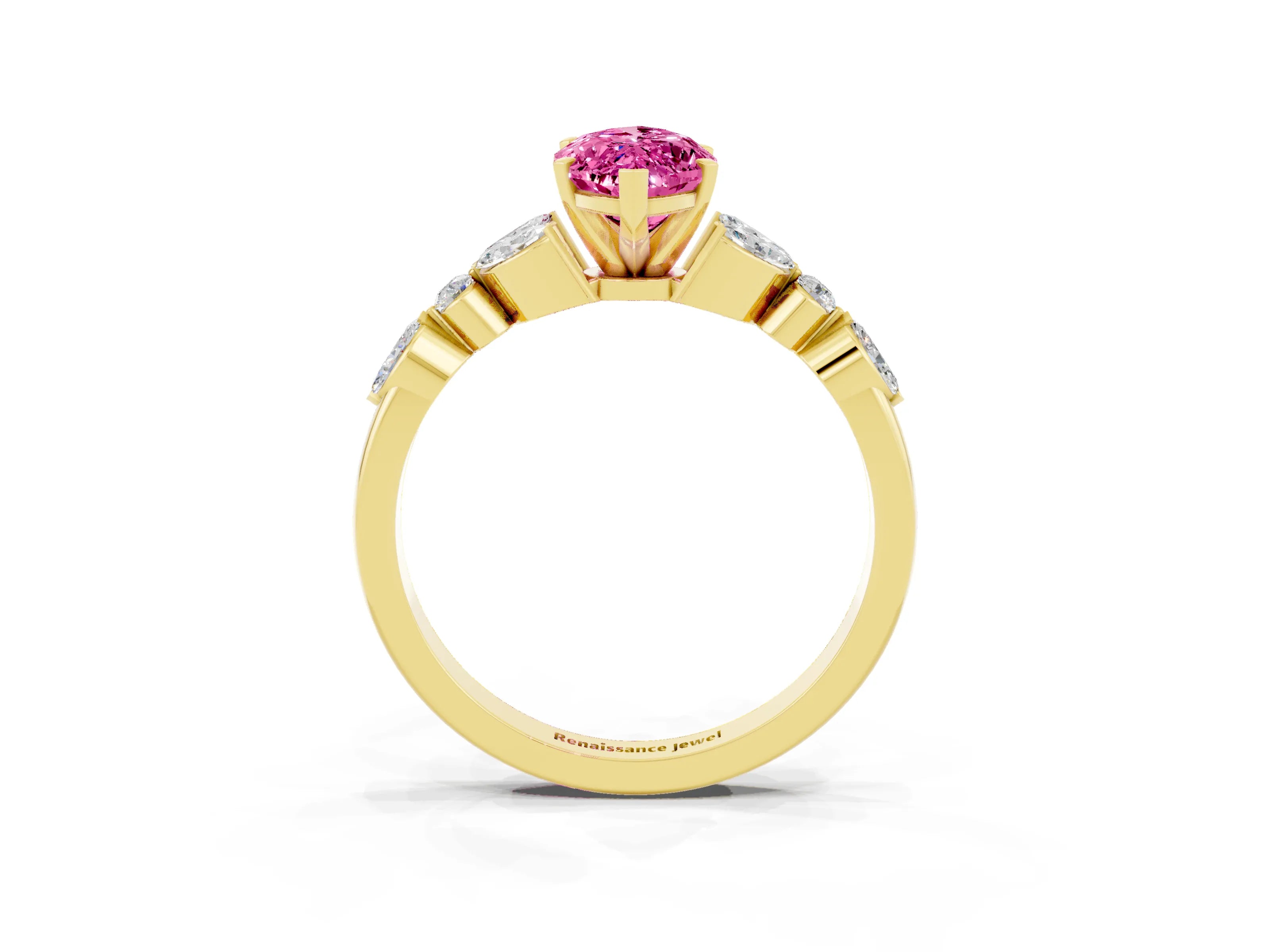 Yellow gold Marquise Cut Pink Sapphire Solitaire Ring with Side Stones and Four-Prong Setting_15