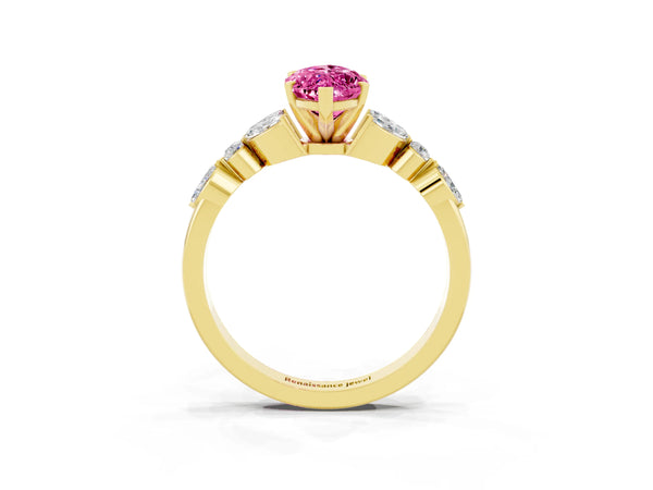Yellow gold Marquise Cut Pink Sapphire Solitaire Ring with Side Stones and Four-Prong Setting