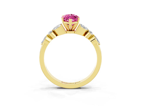 Yellow gold Marquise Cut Pink Sapphire Solitaire Ring with Side Stones and Four-Prong Setting_15