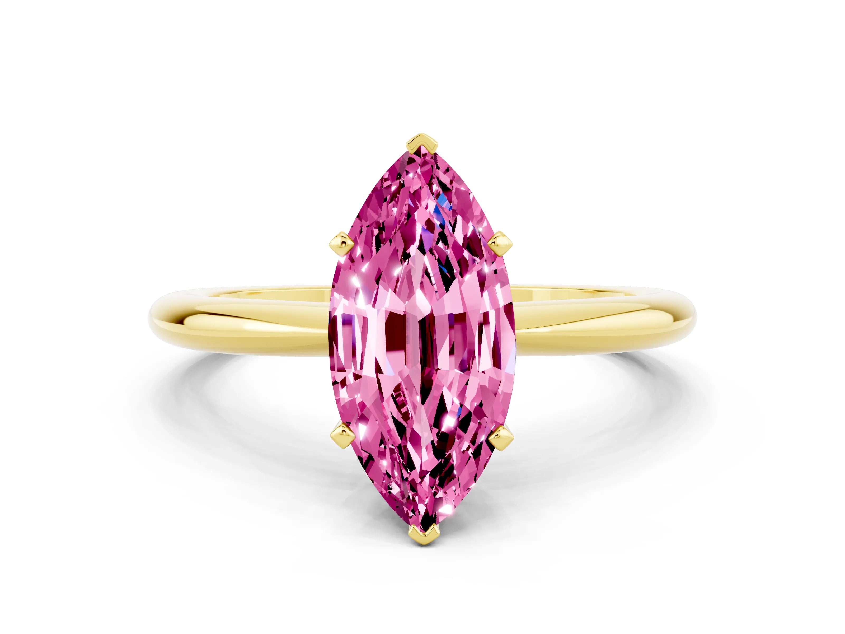 Yellow gold Marquise Cut Pink Sapphire Solitaire Ring with Six-Prong Setting and Classic Band