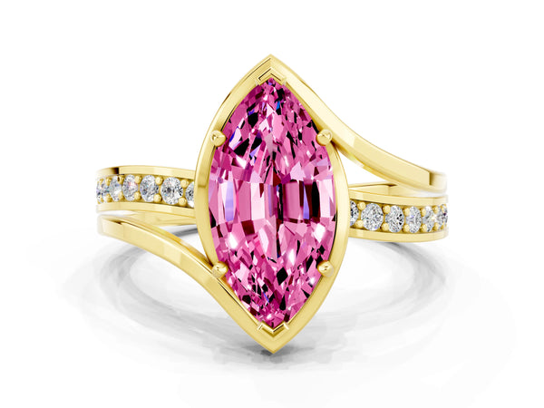 Yellow gold Marquise Cut Pink Sapphire Solitaire Ring with Split Shank and Prong Setting