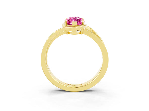 Yellow gold Marquise Cut Pink Sapphire Solitaire Ring with Split Shank and Prong Setting