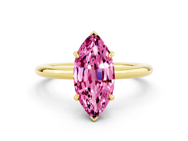 Yellow gold Marquise Cut Pink Sapphire Solitaire Ring with Thin Band and Four-Prong Setting
