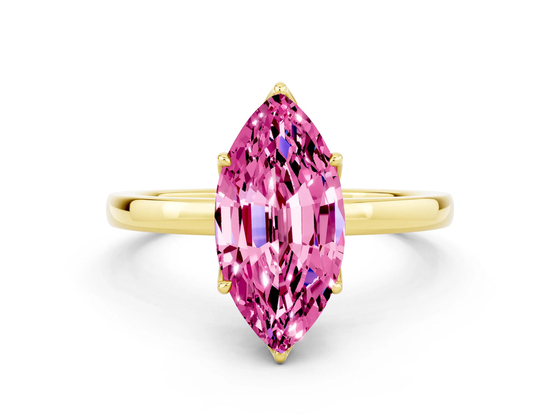 Yellow gold Marquise Cut Pink Sapphire Solitaire Ring with Thin Band and Prong Setting_12