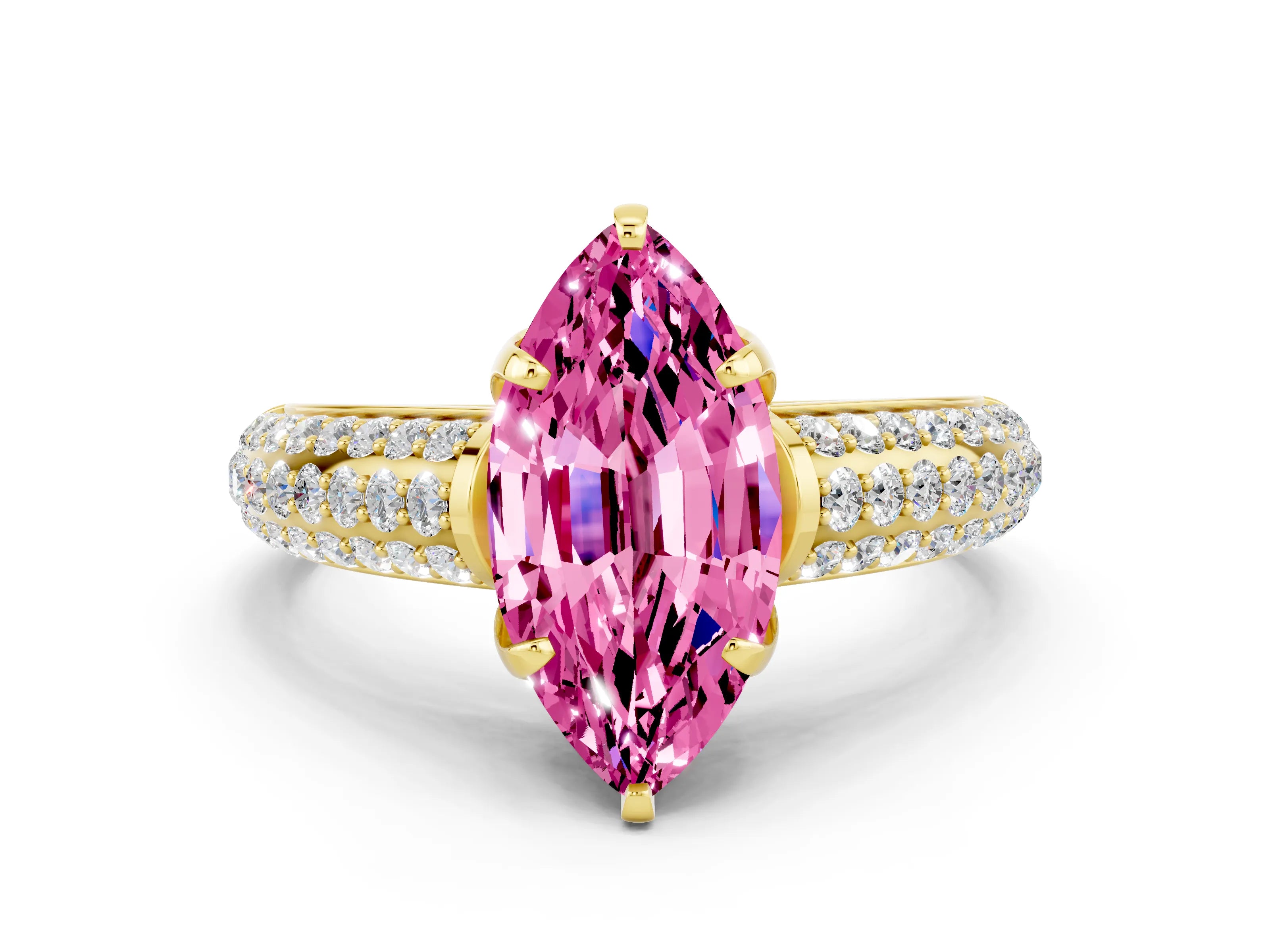 Yellow gold Marquise Cut Pink Sapphire Solitaire Ring with Three-Row Pavé Band and Four-Prong Setting_12