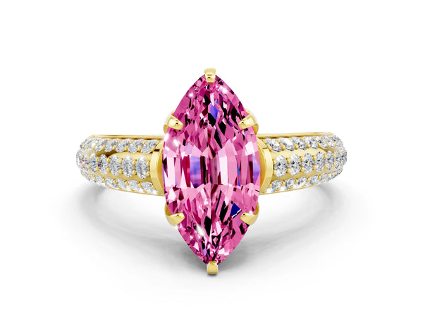 Yellow gold Marquise Cut Pink Sapphire Solitaire Ring with Three-Row Pavé Band and Four-Prong Setting