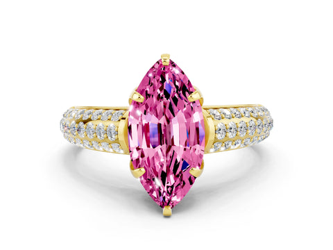 Yellow gold Marquise Cut Pink Sapphire Solitaire Ring with Three-Row Pavé Band and Four-Prong Setting_12