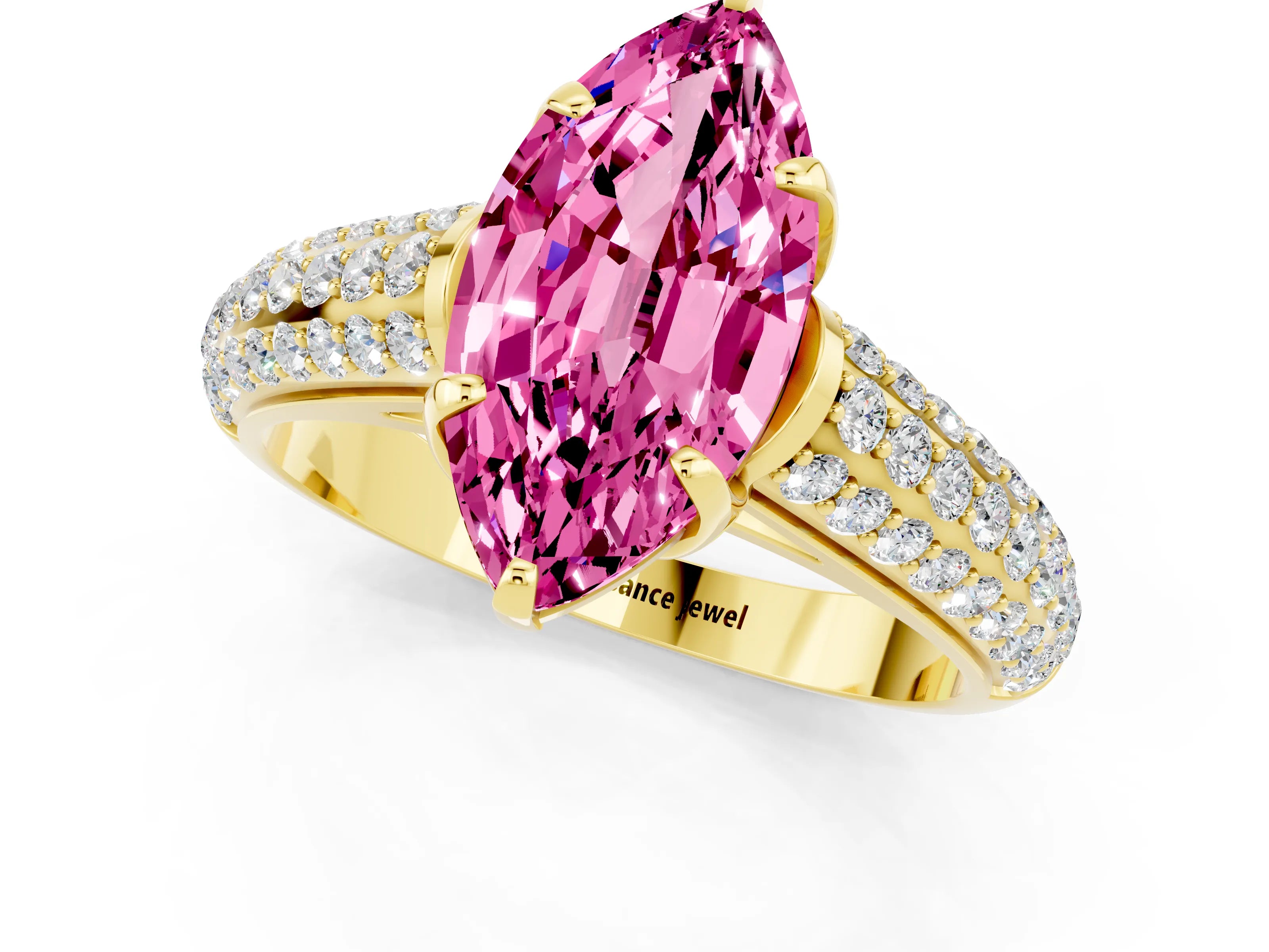 Yellow gold Marquise Cut Pink Sapphire Solitaire Ring with Three-Row Pavé Band and Four-Prong Setting_13
