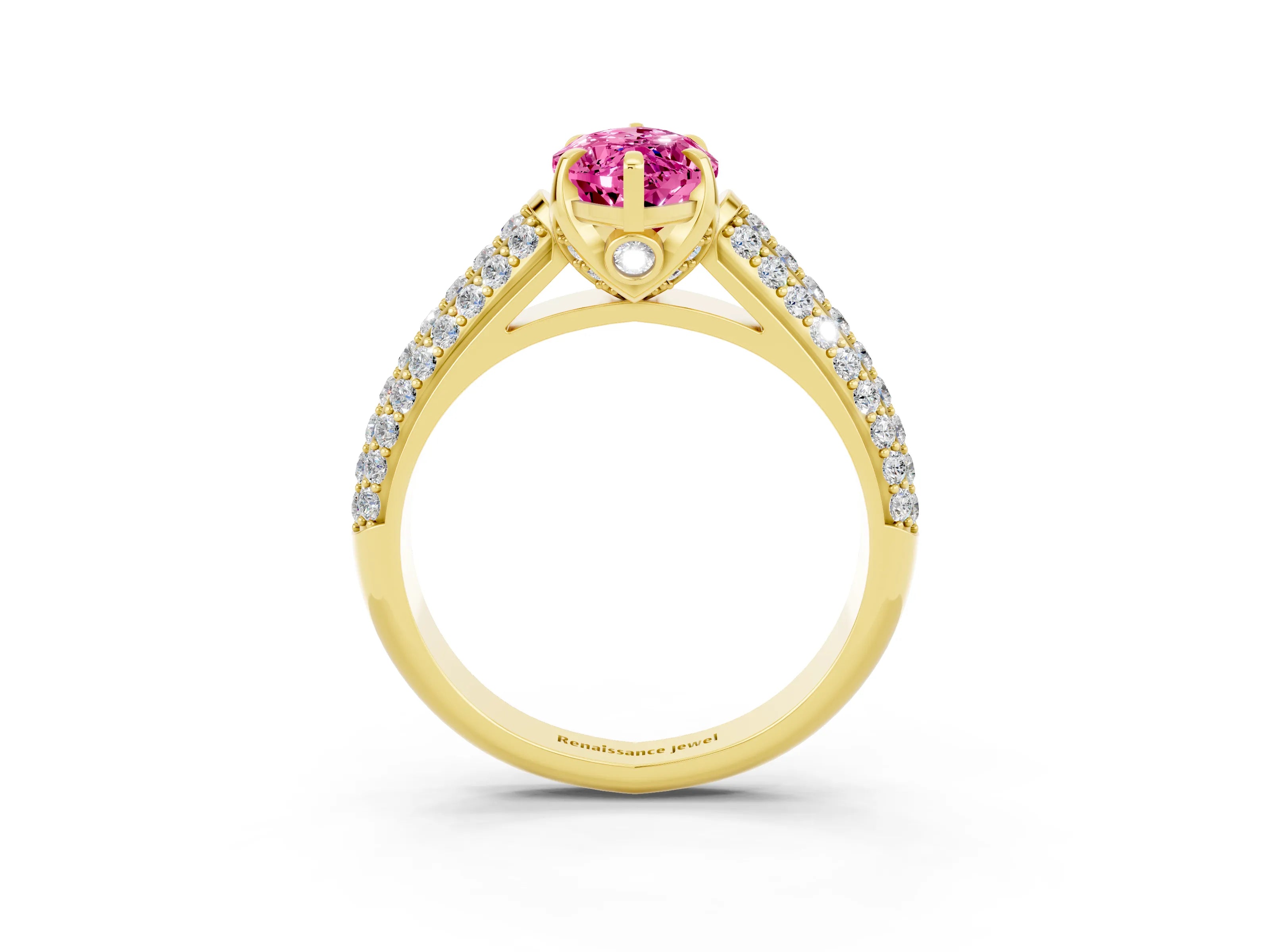Yellow gold Marquise Cut Pink Sapphire Solitaire Ring with Three-Row Pavé Band and Four-Prong Setting_15