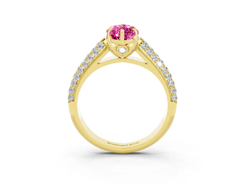 Yellow gold Marquise Cut Pink Sapphire Solitaire Ring with Three-Row Pavé Band and Four-Prong Setting_15