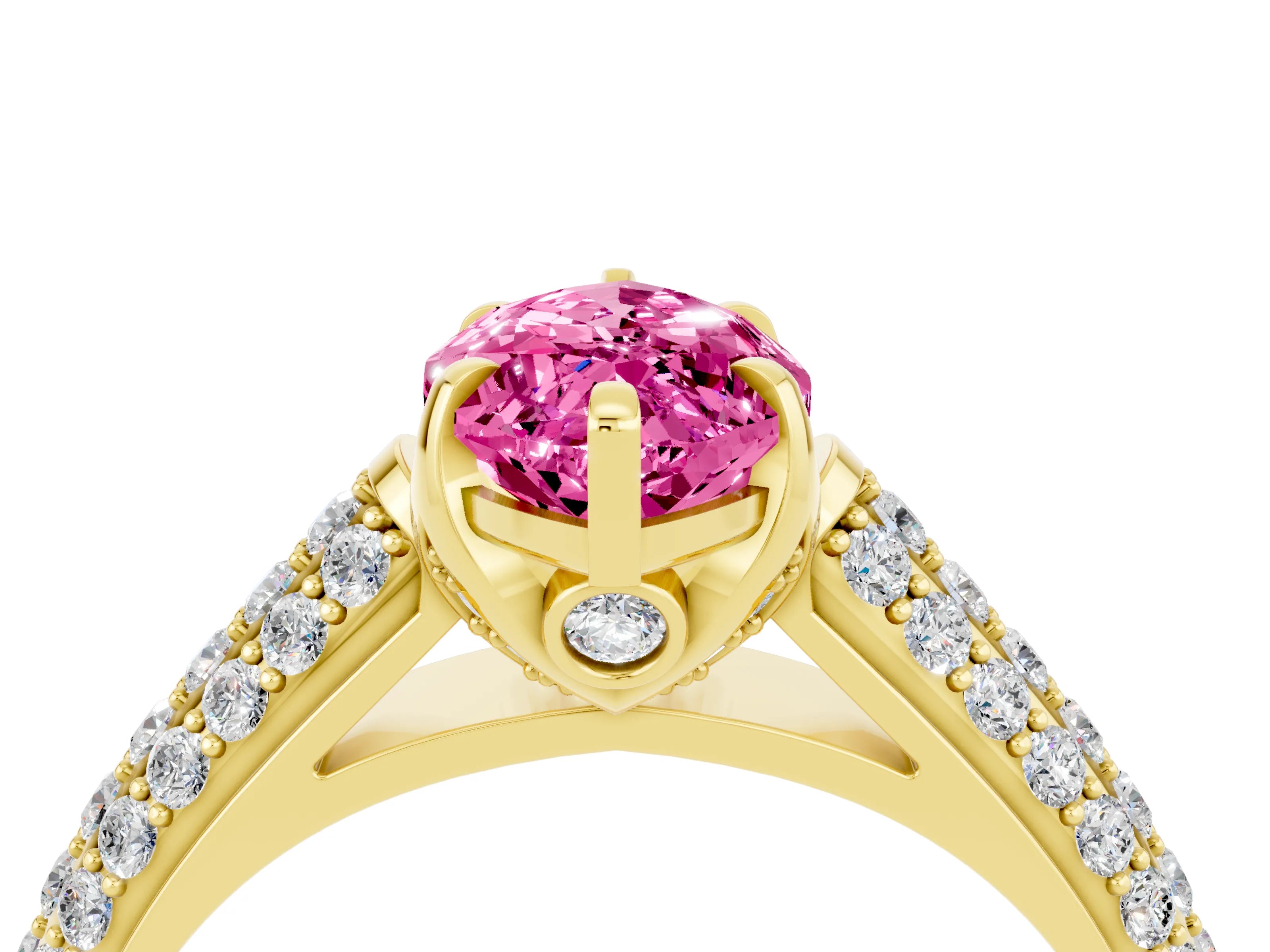 Yellow gold Marquise Cut Pink Sapphire Solitaire Ring with Three-Row Pavé Band and Four-Prong Setting_16