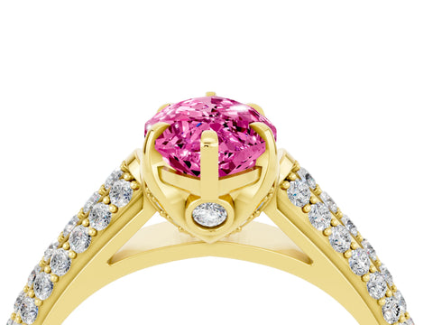 Yellow gold Marquise Cut Pink Sapphire Solitaire Ring with Three-Row Pavé Band and Four-Prong Setting_16