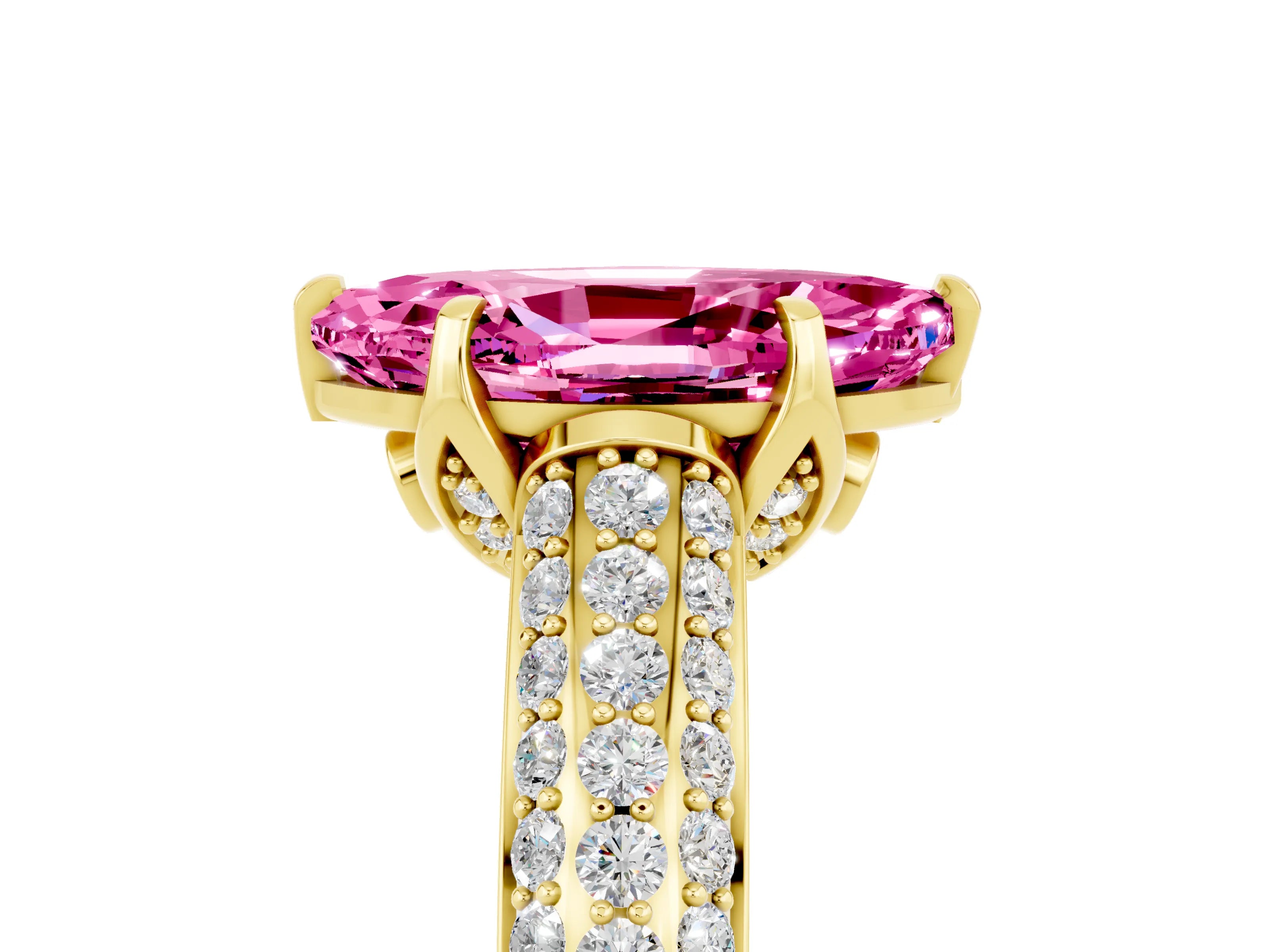 Yellow gold Marquise Cut Pink Sapphire Solitaire Ring with Three-Row Pavé Band and Four-Prong Setting_17