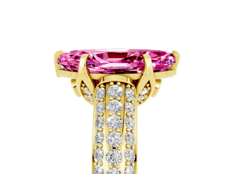 Yellow gold Marquise Cut Pink Sapphire Solitaire Ring with Three-Row Pavé Band and Four-Prong Setting_17