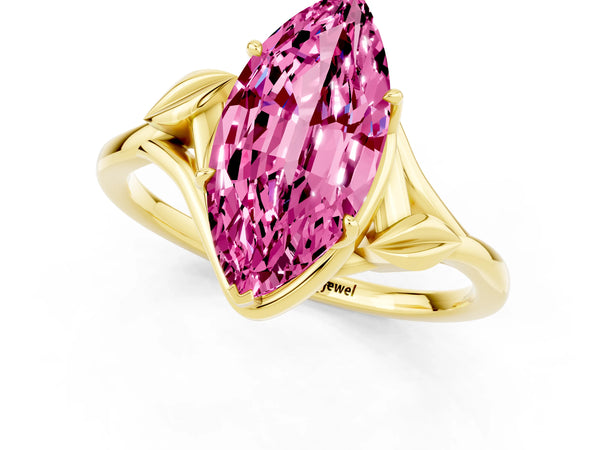 Yellow gold Marquise Cut Pink Sapphire Solitaire Ring with Twist Band and Four-Prong Setting