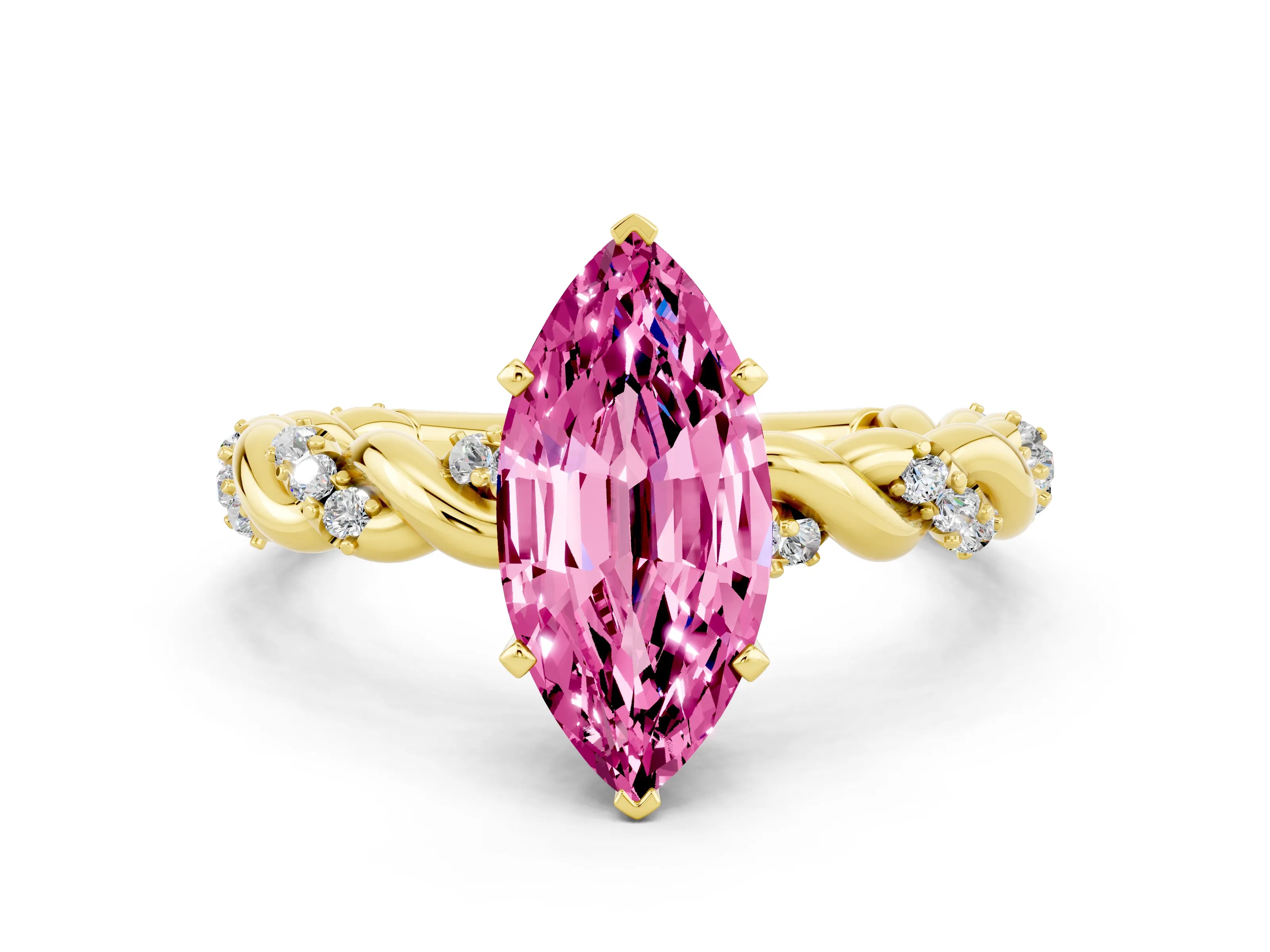 Yellow gold Marquise Cut Pink Sapphire Solitaire Ring with Twisted Band and Pavé Accents