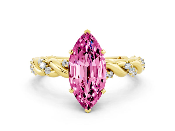 Yellow gold Marquise Cut Pink Sapphire Solitaire Ring with Twisted Band and Pavé Accents