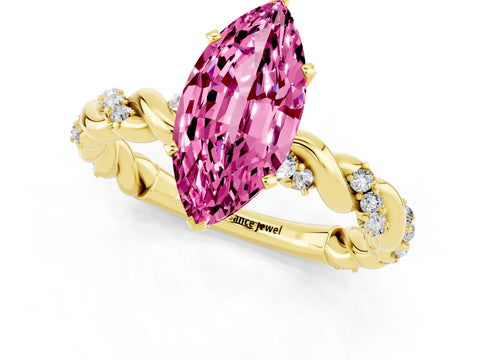 Yellow gold Marquise Cut Pink Sapphire Solitaire Ring with Twisted Band and Pavé Accents_1