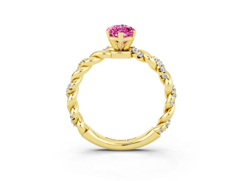 Yellow gold Marquise Cut Pink Sapphire Solitaire Ring with Twisted Band and Pavé Accents_3